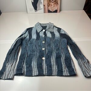 Reversible Blue Striped embroidered lagenlook mother of pearl Button-Up Shirt.